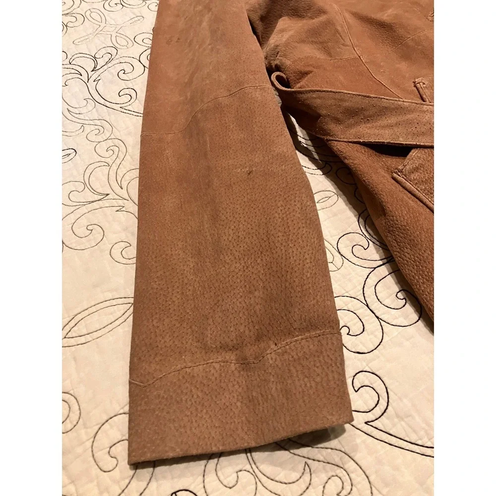 Rouge Leather Womens XL Cognac Brown Suede Belted Safari Jacket Button Front - Picture 3 of 13